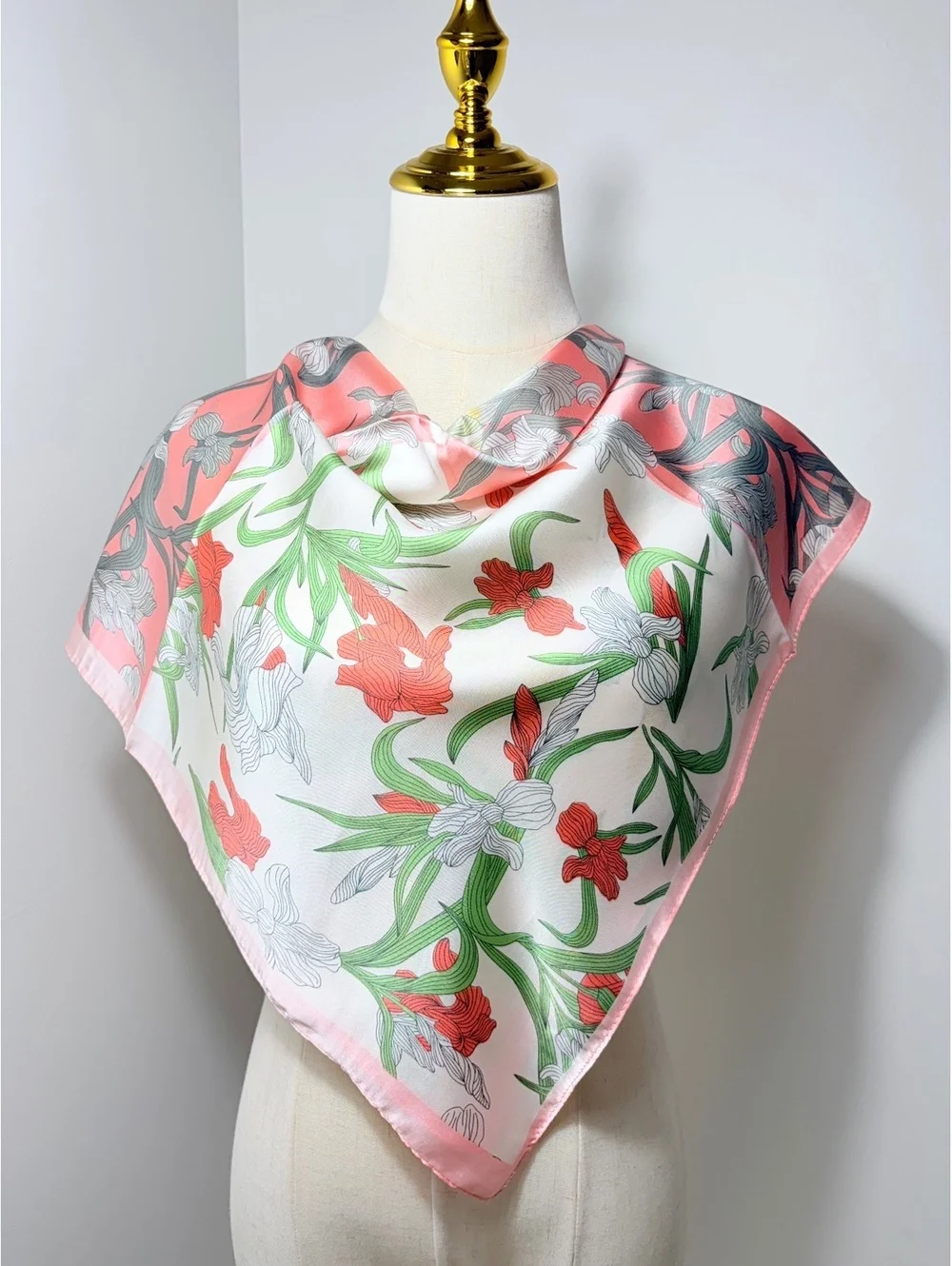 Elegant Satin Polyester Floral Scarf in Coral, White, Green, and Yellow
